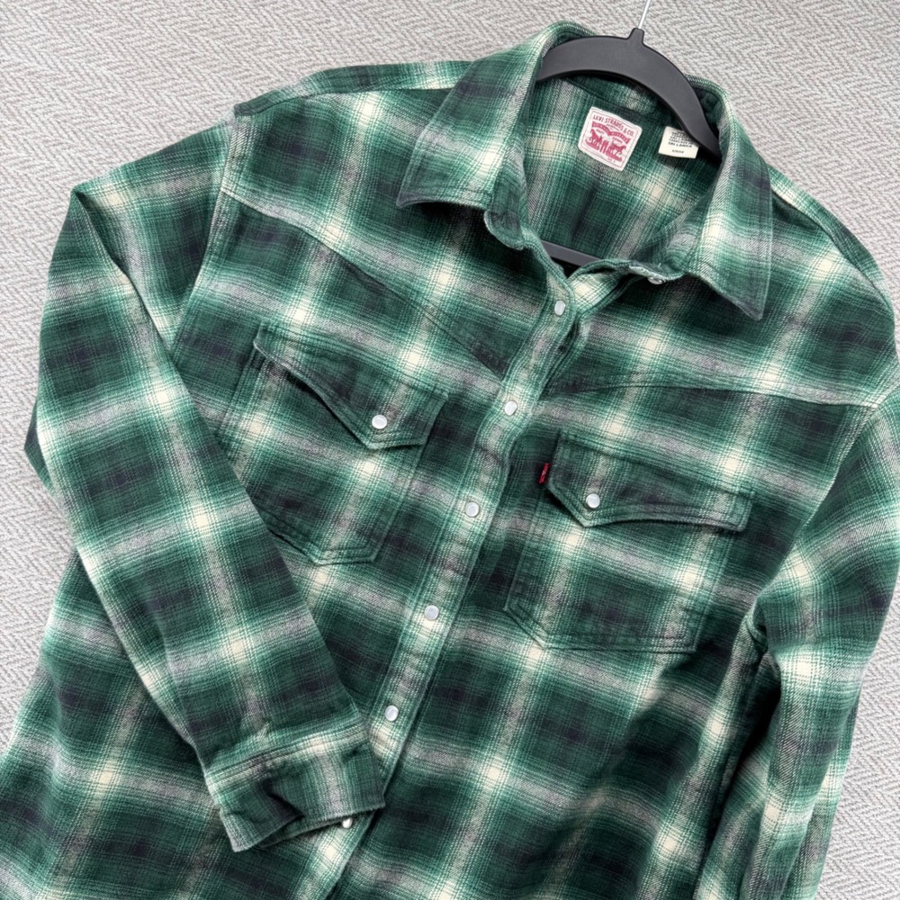Levi Strauss Mens Green Plaid Flannel Western Snap Front Shirt Small